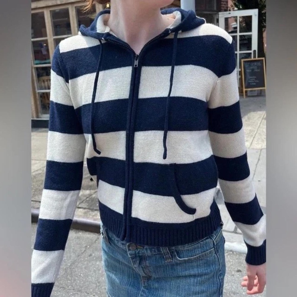 Brandy Melville Navy Cream Striped Full Zip Knit Hoodie Sweater Preppy Staple OS